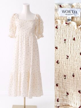 Worth Collective Smocked Maxi Dress Cherry Ditsy Print Puff Sleeve Cottagecore L